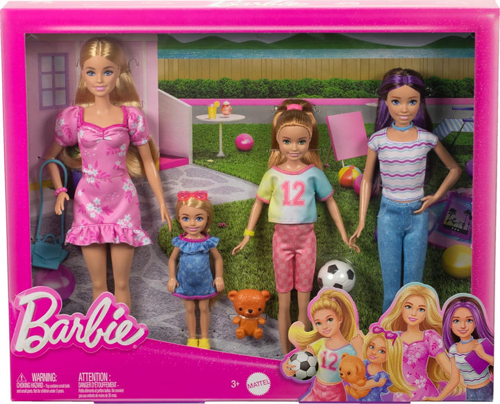 Barbie Schwesterpuppen-Set mit Kleidung und Zubehör, enthält Barbie, Skipper, Stacie und Chelsea