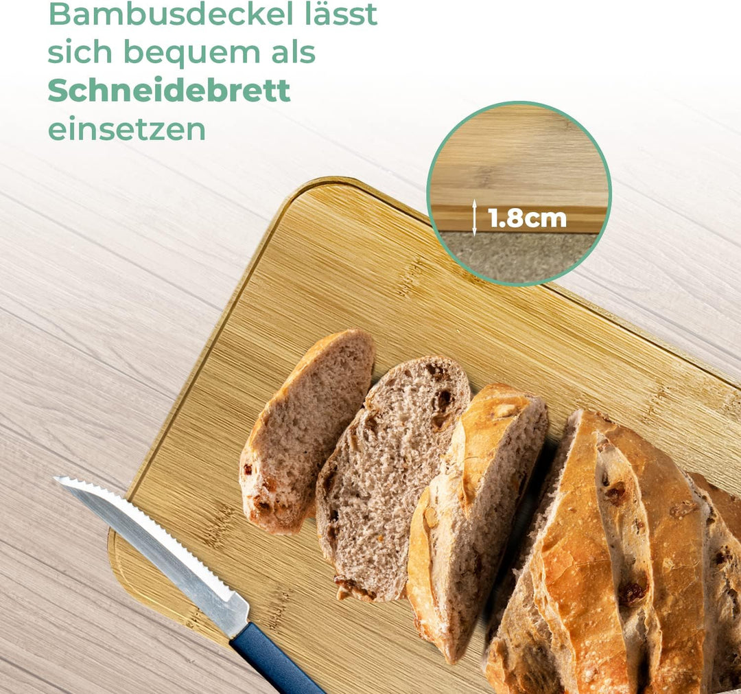 DRULINE Brotkasten mit Bambusdeckel - Brotaufbewahrung - Brotbox mit Schneidebrett - Brotkasten Türk