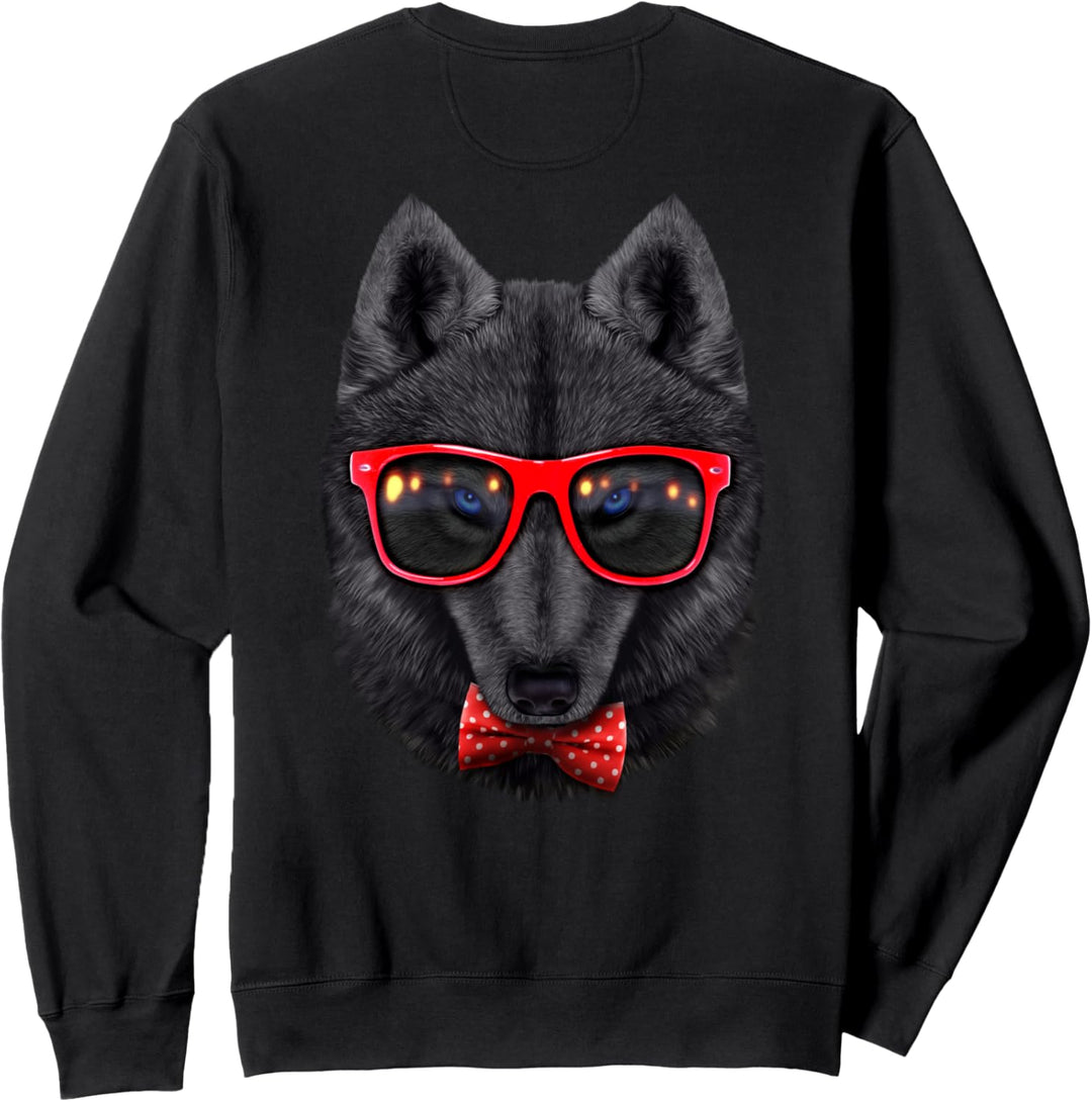 Schwarzer Wolf trägt rote Retro-Sonnenbrille mit Fliege Sweatshirt