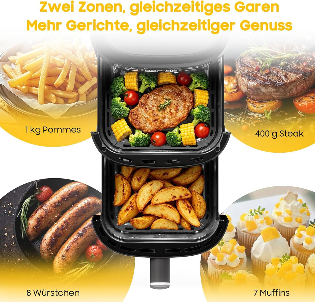 Airfryer 10L Double Stack - 2700W Heissluftfritteuse 2 Kammern, XXL Heissluftfritteuse mit vertikale
