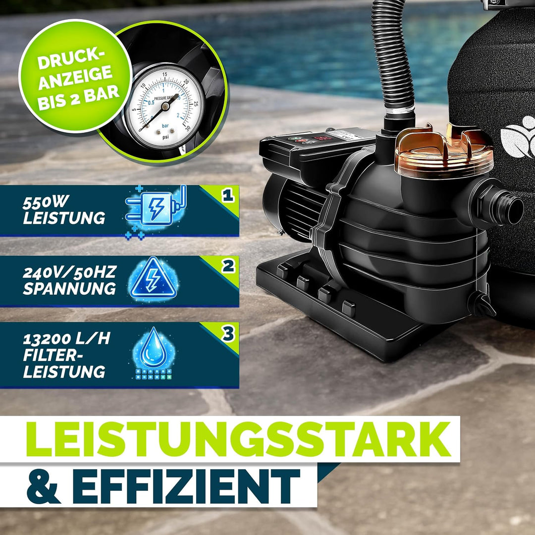 tillvex® Sandfilteranlage Pool mit Timer 13.200L/h + 1200g Filterbälle Schwarz Mit Timer, Schwarz Mi