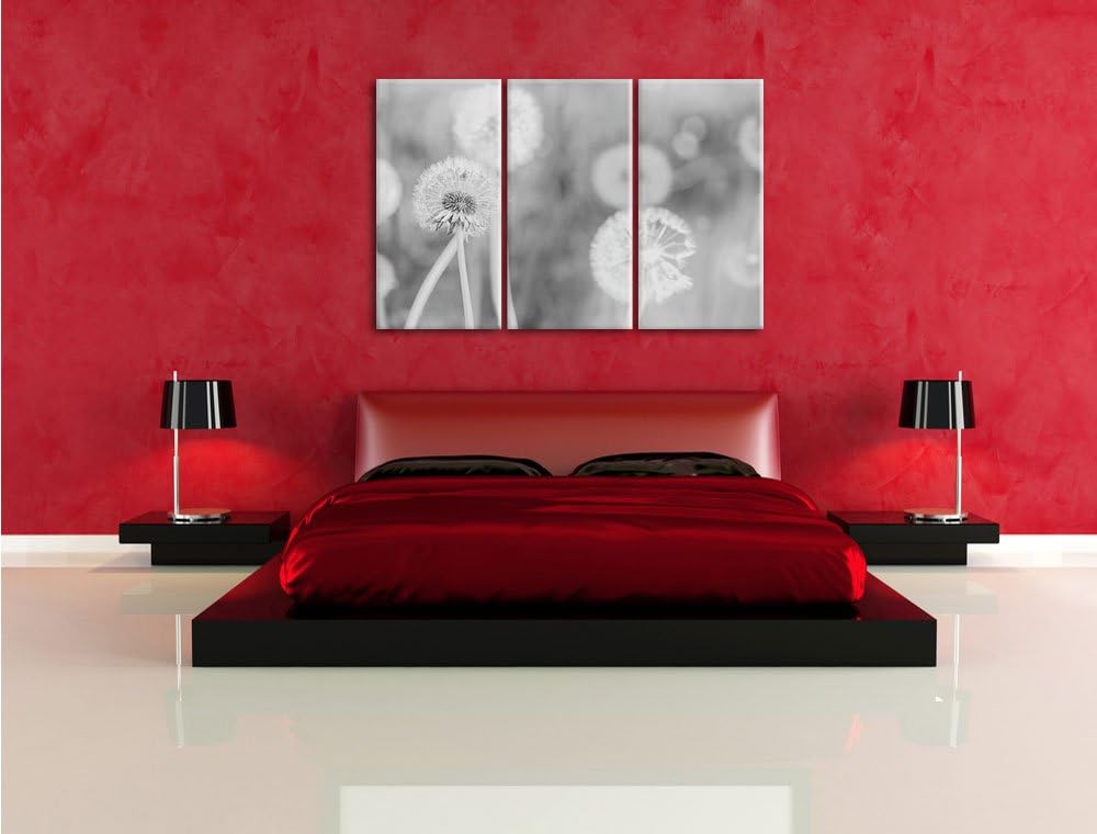 Pixxprint Romantische Pusteblumen Schwarz/Weiss 3-Teiler Leinwandbild 120x80 Bild auf Leinwand