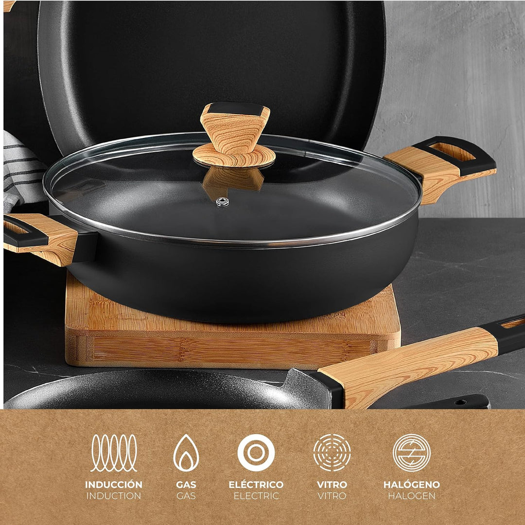 BERGNER Earth Black - Niedriges Kochen 28 cm mit Deckel - aus Aluminium gepresst mit ergonomischen H