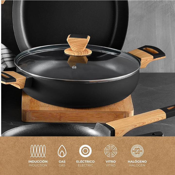 BERGNER Earth Black - Niedriges Kochen 28 cm mit Deckel - aus Aluminium gepresst mit ergonomischen H