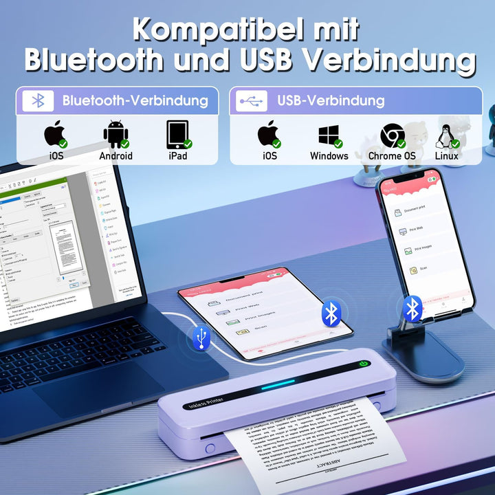 ASprink Mobiler Drucker Bluetooth, Thermodrucker A4 M832 Tragbarer Drucker Nur Thermopapier, 300DPI