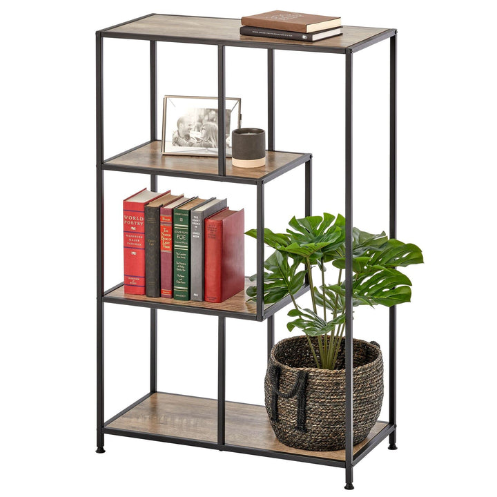 mDesign Bücherregal mit 4 Ebenen – kleines Bücherregal aus Metall und Holz – modernes Holzregal im I