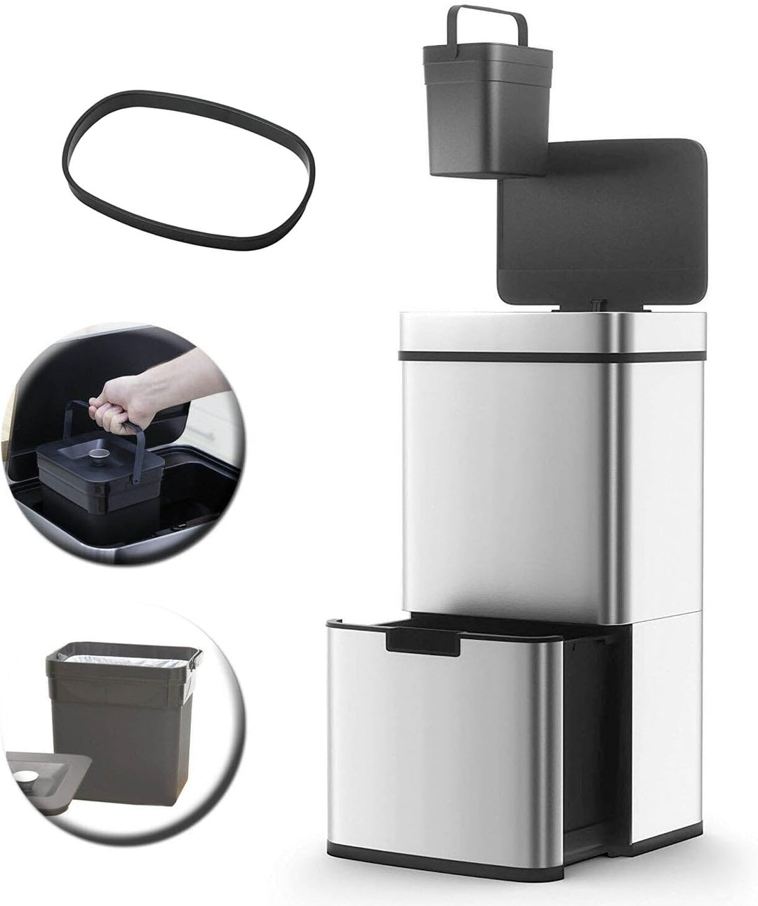 NARVIK Automatic Kitchen Bin Double Compartment 75l Edelstahl Recycling grosse Kapazität und 3l Tabe
