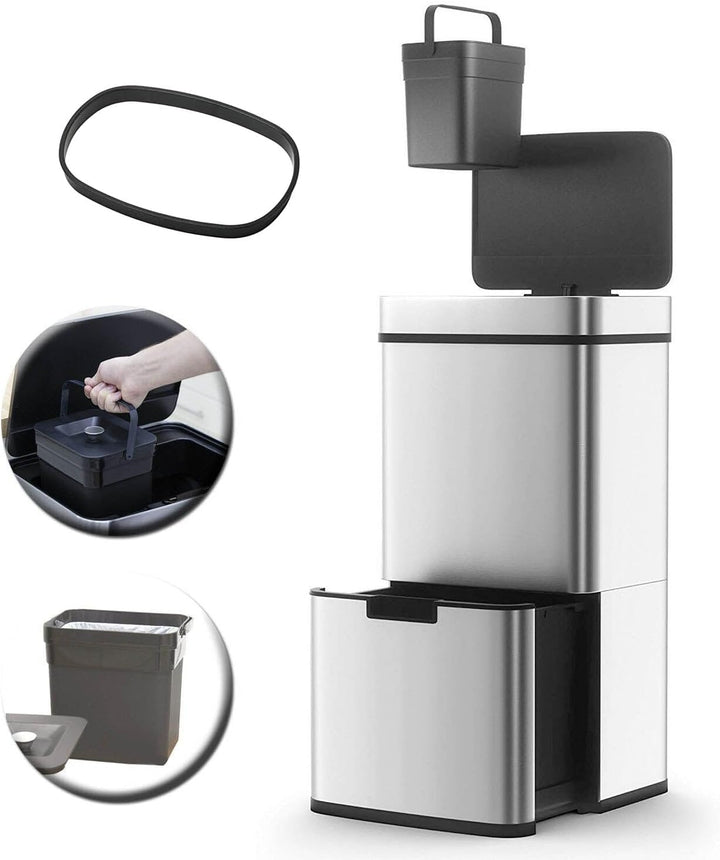NARVIK Automatic Kitchen Bin Double Compartment 75l Edelstahl Recycling grosse Kapazität und 3l Tabe