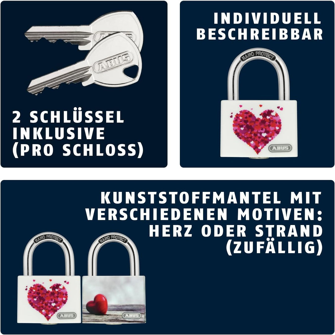 ABUS Vorhängeschloss T65AL/40 myLove - mit Herz-Motiv - individuell beschreibbar - Spindschloss - ma