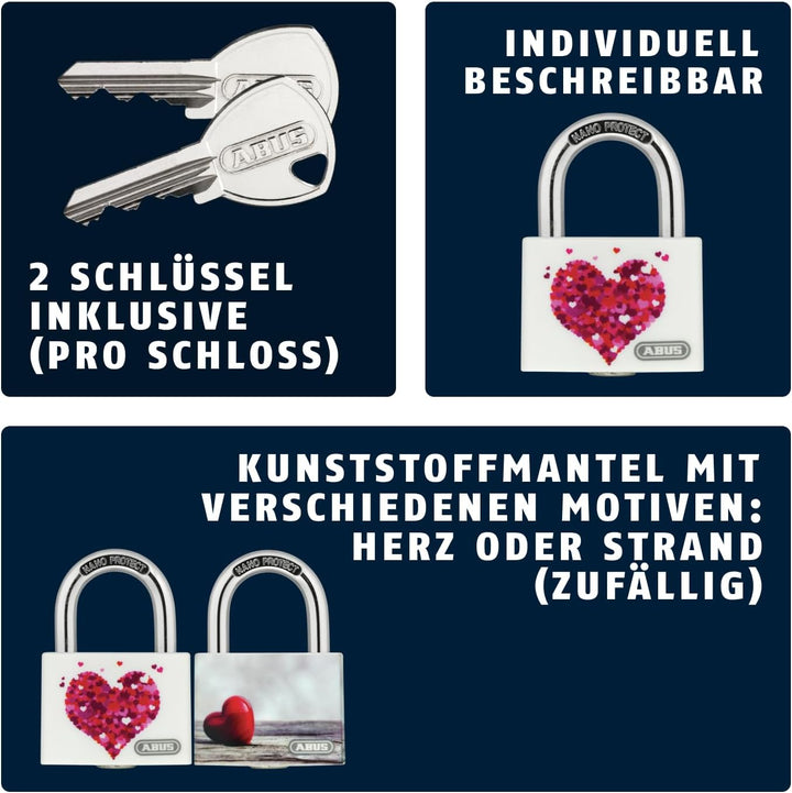 ABUS Vorhängeschloss T65AL/40 myLove - mit Herz-Motiv - individuell beschreibbar - Spindschloss - ma