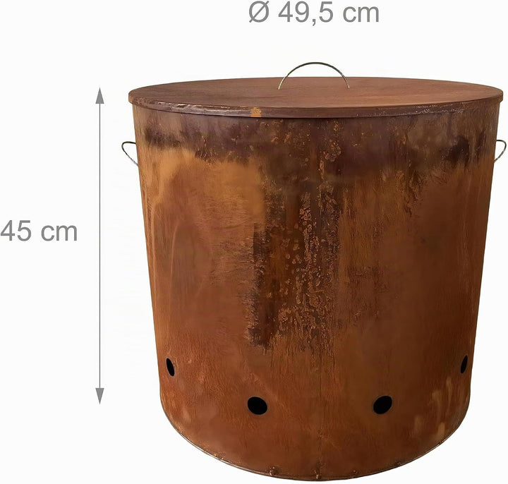 Relaxdays Feuertonne, Cortenstahl, Rostoptik, HxD: 45 x 49,5 cm, Industrial Feuerschale mit Deckel,