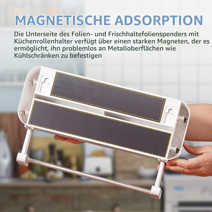 3 in 1 Küchenrollenhalter Magnetisch | Frischhaltefolienspender mit Scharfen Klingen | Folienschneid