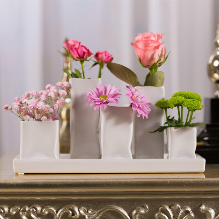 Jinfa Handgefertigte kleine Keramik Deko Blumenvasen Set aus 5 Vasen in weiss 5 Vasen Weiss, 5 Vasen