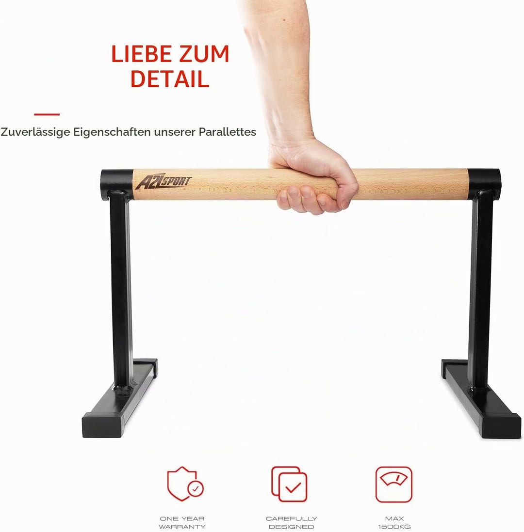 Premium Parallettes bis 1500 kg - Liegestützgriffe Holz und Metall - Rutschfeste Handstand Griffe/Di