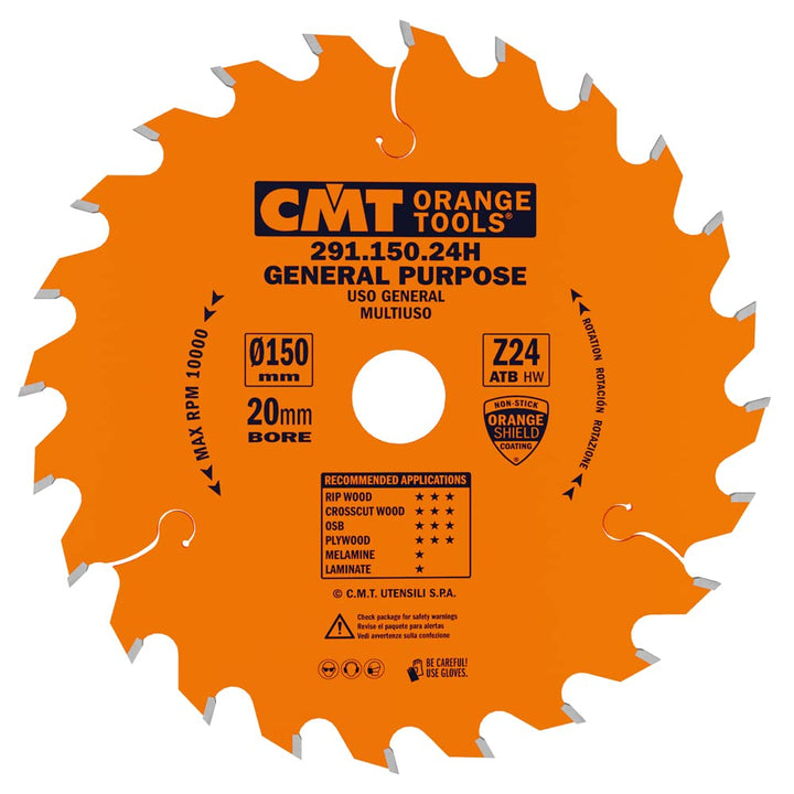 CMT Orange Tools Kreissägeblatt HW 150 x 2,4 / 1,4 x 20 Z=24 15° ATB - 291.150.24H - für Längs- und