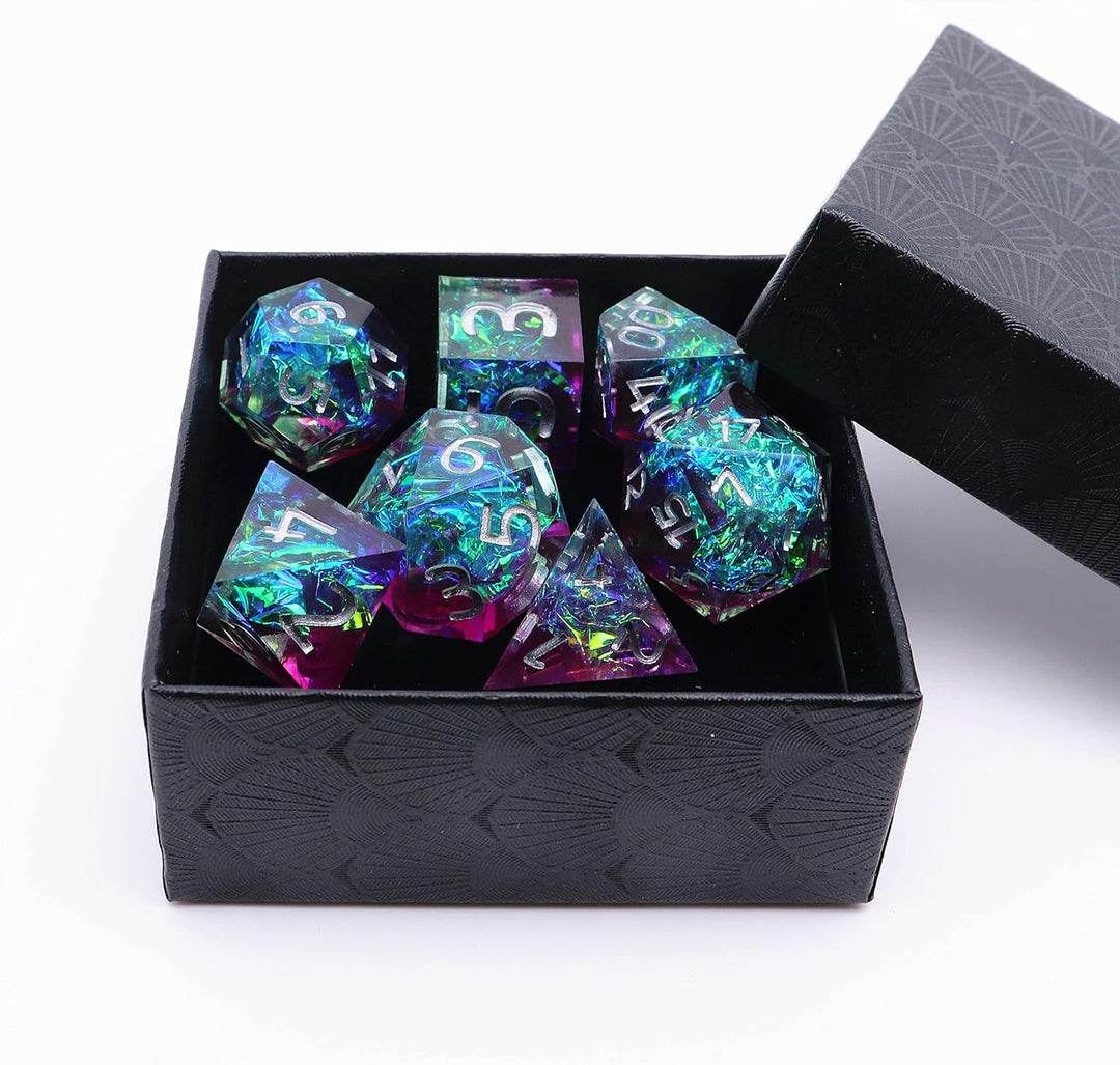 DND-Würfel-Set aus Kunstharz, lila und seeblau, handgefertigte Galaxie-Würfel mit Geschenkbox, Mädch