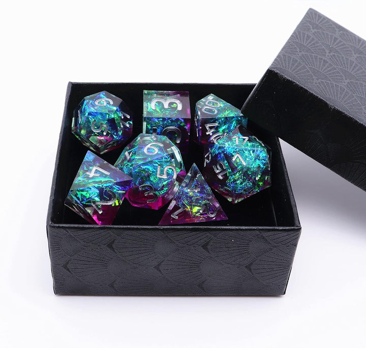 DND-Würfel-Set aus Kunstharz, lila und seeblau, handgefertigte Galaxie-Würfel mit Geschenkbox, Mädch