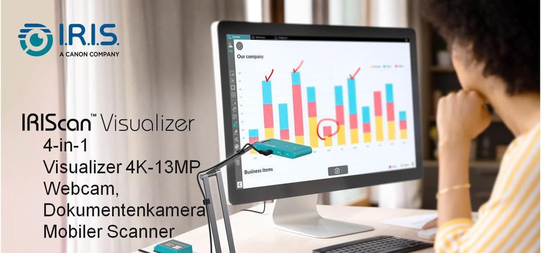 Iriscan Visualizer Webcam Dokumentenkamera v7: 4K UltraHD-13MP, 4-in-1, Visualisierer, A3-Scanner, d