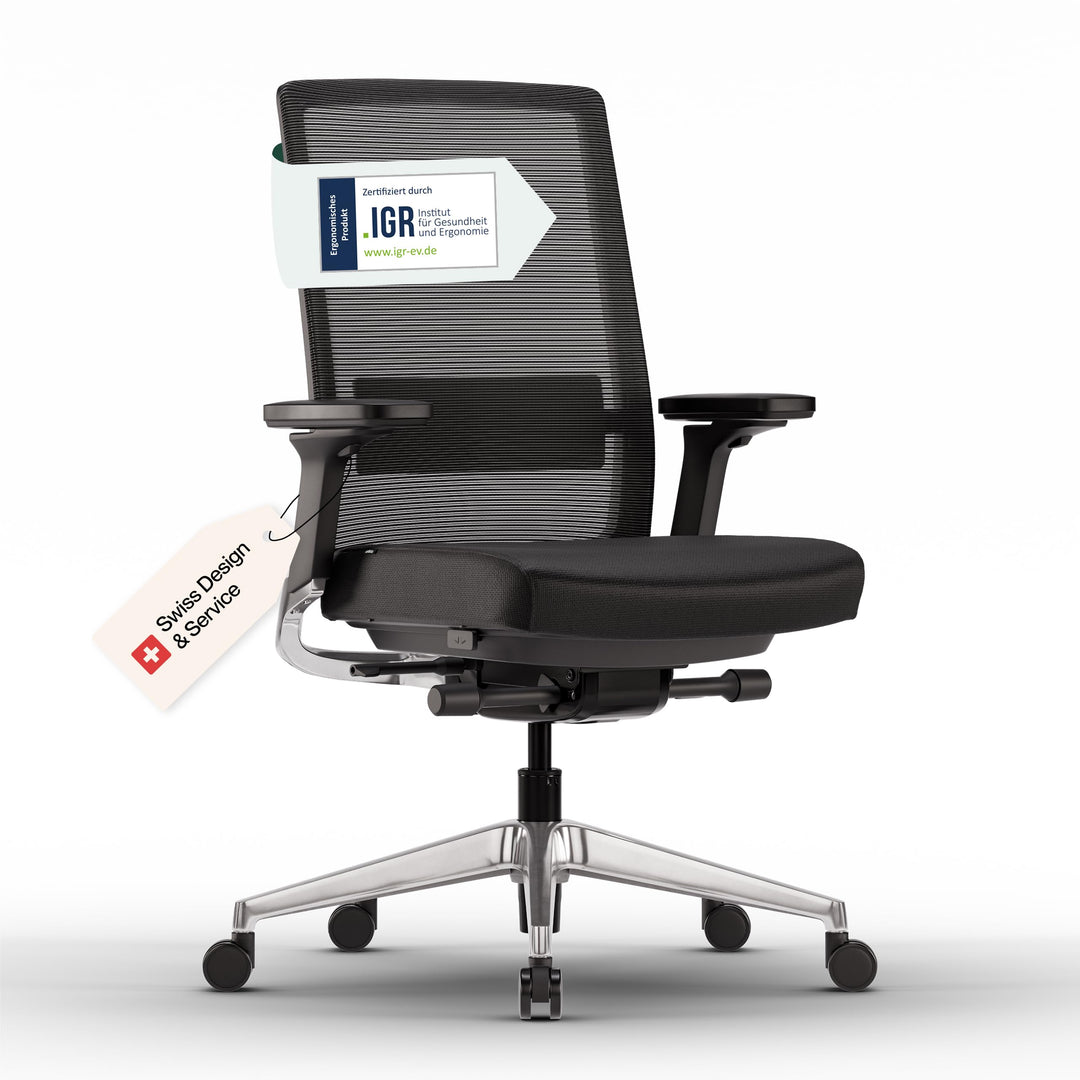 Active Bürostuhl Schwarz-Aluminium TESTSIEGER | Ergonomischer Schreibtischstuhl mit Synchronmechanik