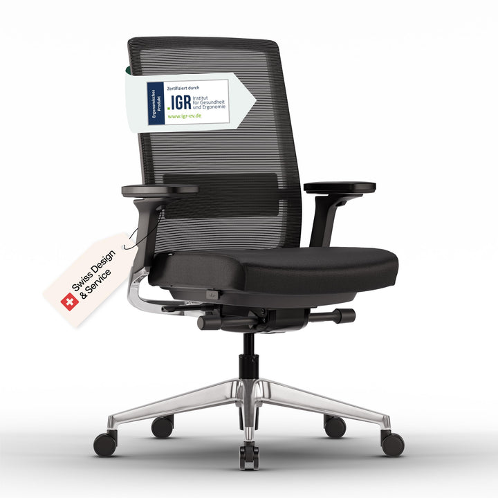 Active Bürostuhl Schwarz-Aluminium TESTSIEGER | Ergonomischer Schreibtischstuhl mit Synchronmechanik