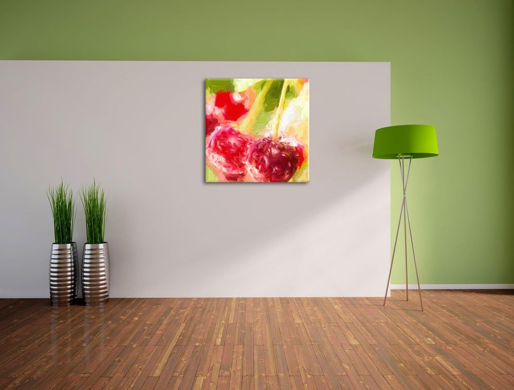 Pixxprint Frische Kirschen am Baum Pinsel Effekt, Format: 70x70 auf Leinwand, 70x70
