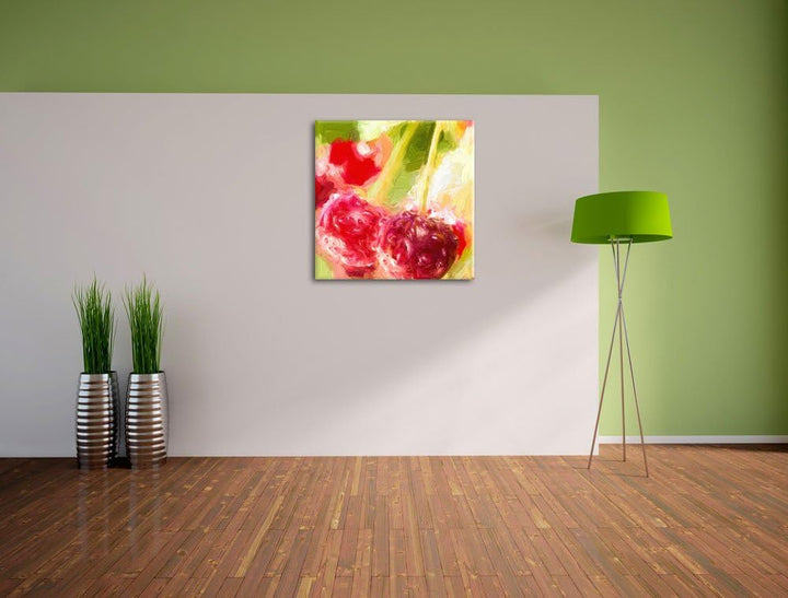 Pixxprint Frische Kirschen am Baum Pinsel Effekt, Format: 70x70 auf Leinwand, 70x70