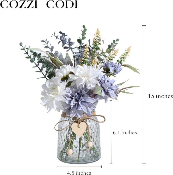 COZZI CODI Gefälschte Blumen mit Vase, künstliche Blaue Blumen in Vase, Seidenblumen-Arrangement mit