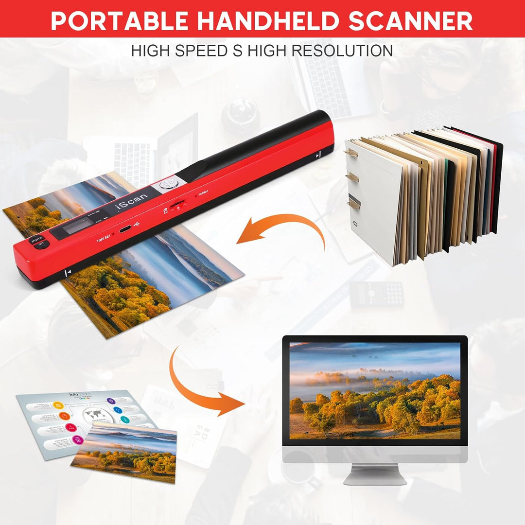 AOZBZ Tragbarer Dokumentenscanner Rot 900 DPI Handlicher USB-Bildscanner A4 Farbfoto Mobiler Scanner
