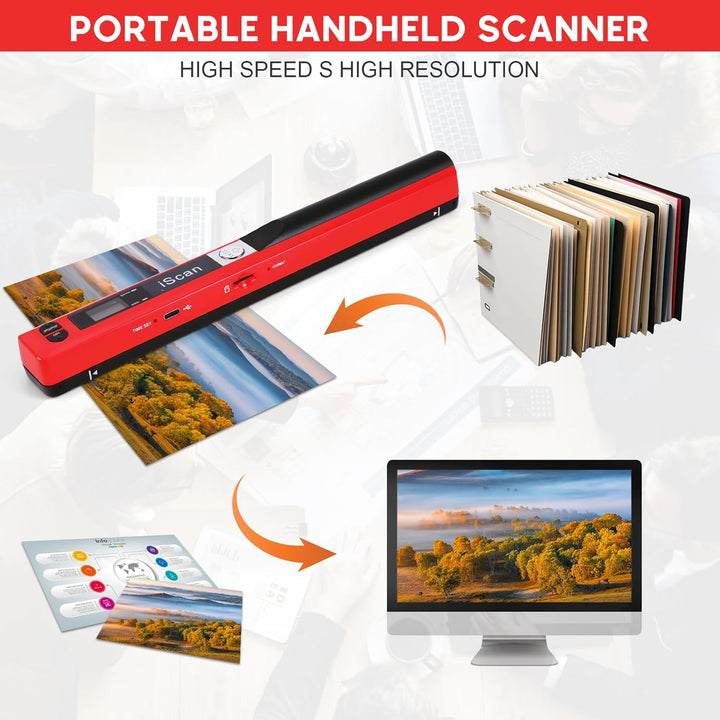 AOZBZ Tragbarer Dokumentenscanner Rot 900 DPI Handlicher USB-Bildscanner A4 Farbfoto Mobiler Scanner