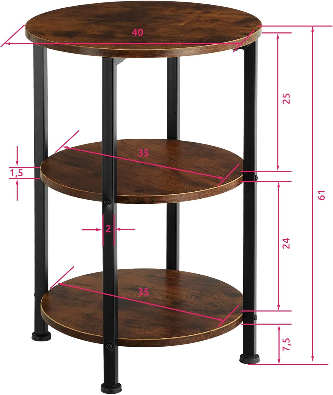 tectake Beistelltisch rund aus Holz und Metall, Industrie-Design, Couchtisch mit 3 Ebenen, für Wohnz
