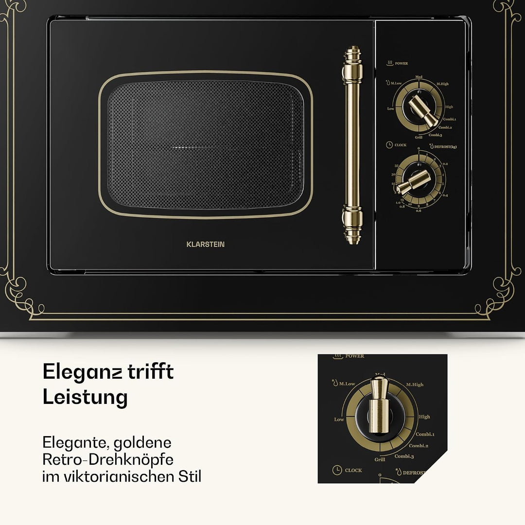 Klarstein Victoria 20 Einbau-Mikrowelle - Retro, 20 L, 800 W Mikrowellen-/1000 W Grillleistung, 3 Ko