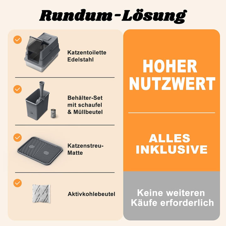 FURTIME Katzenklo Edelstahl mit Deckel, Katzentoilette Edelstahl Grosse XL Leicht zu Reinigen, Gesch