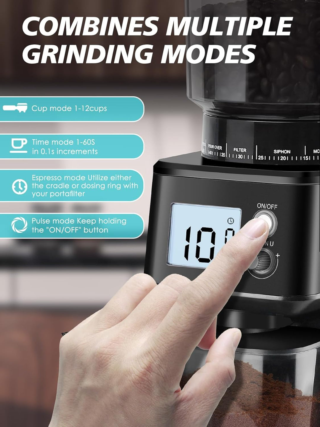 Homtone Elektrische Kaffeemühle für Siebträger, 51 einstellbare Mahlgrade, Kaffeemühle mit Grossem D