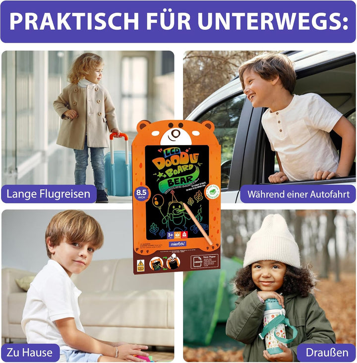 mierEdu LCD Schreibtafel Kinder Bär 8.5 Zoll – Magische Maltafel mit Stift, Zaubertafel für Mädchen