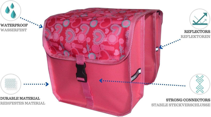 FAHRRADTASCHE 14-20 Zoll Kinder Satteltasche Gepäckträgetasche Doppel 2 x 5l 42. - Mini - Herzen Ros