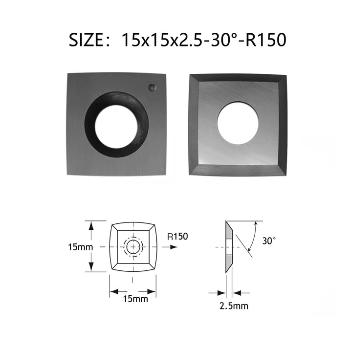 10 Stück quadratische Hartmetall-Einsätze, Messer für Hobel-Spiralschneider, 15 x 15 x 2,5 mm, 30°-W