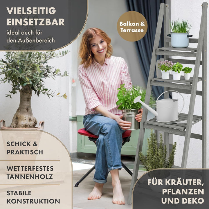 Blumenleiter Flower Ladder L 160x41x50cm hellgrau - 4-Ebenen Natur Holz Leiterregal Blumentreppe Blu