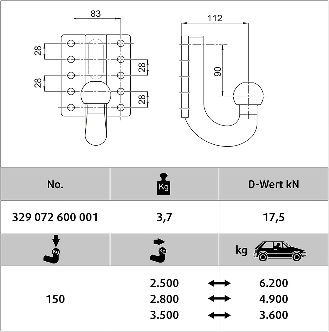 Westfalia Anschraubplatte (10-Loch) mit Kugelhals - höhenverstellbar / Kugelabstand horizontal 112mm
