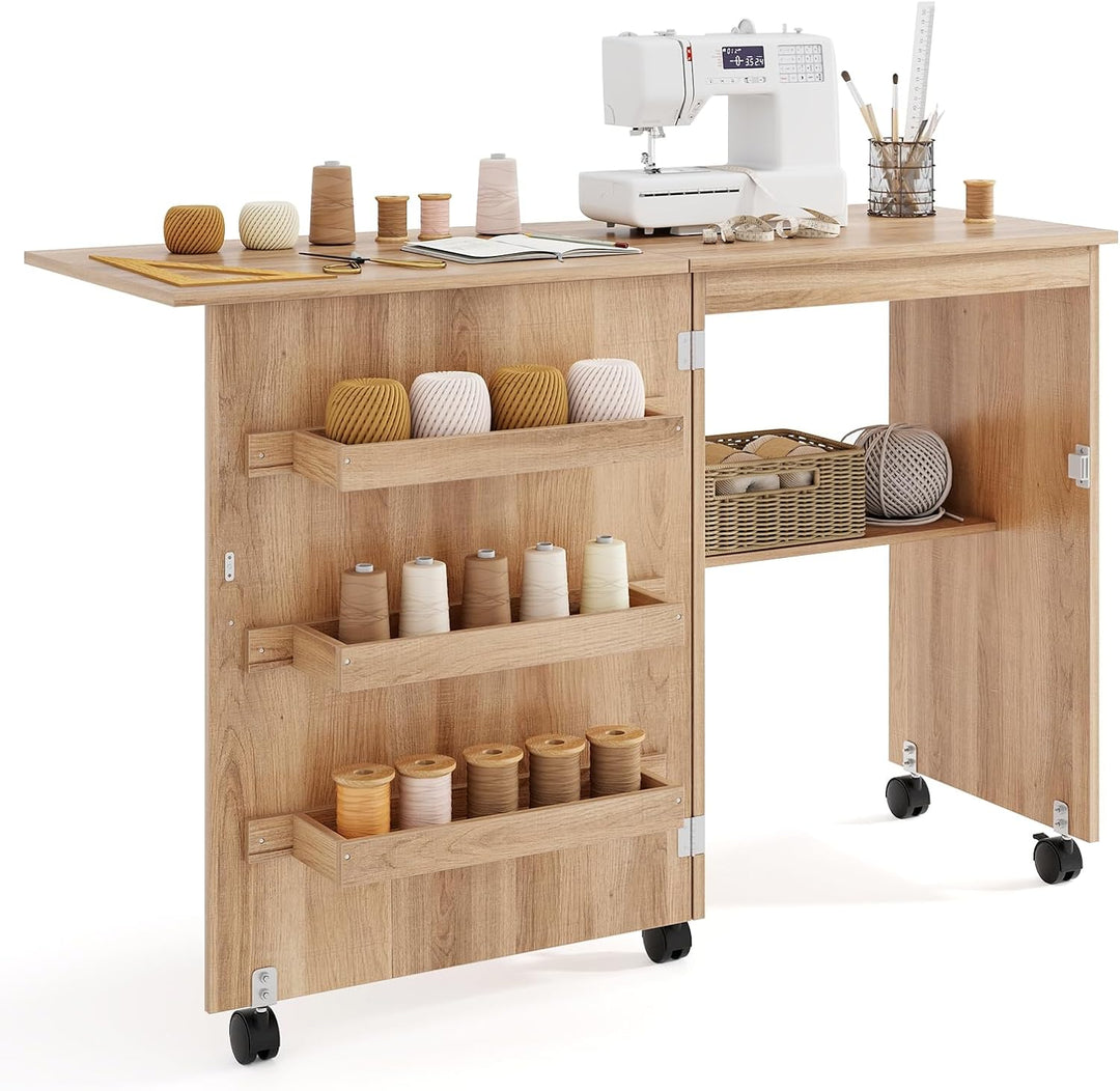 GIANTEX Nähtisch klappbar, Nähmaschinentisch auf Rollen, Nähtisch für Nähmaschine, Nähschrank Holz,