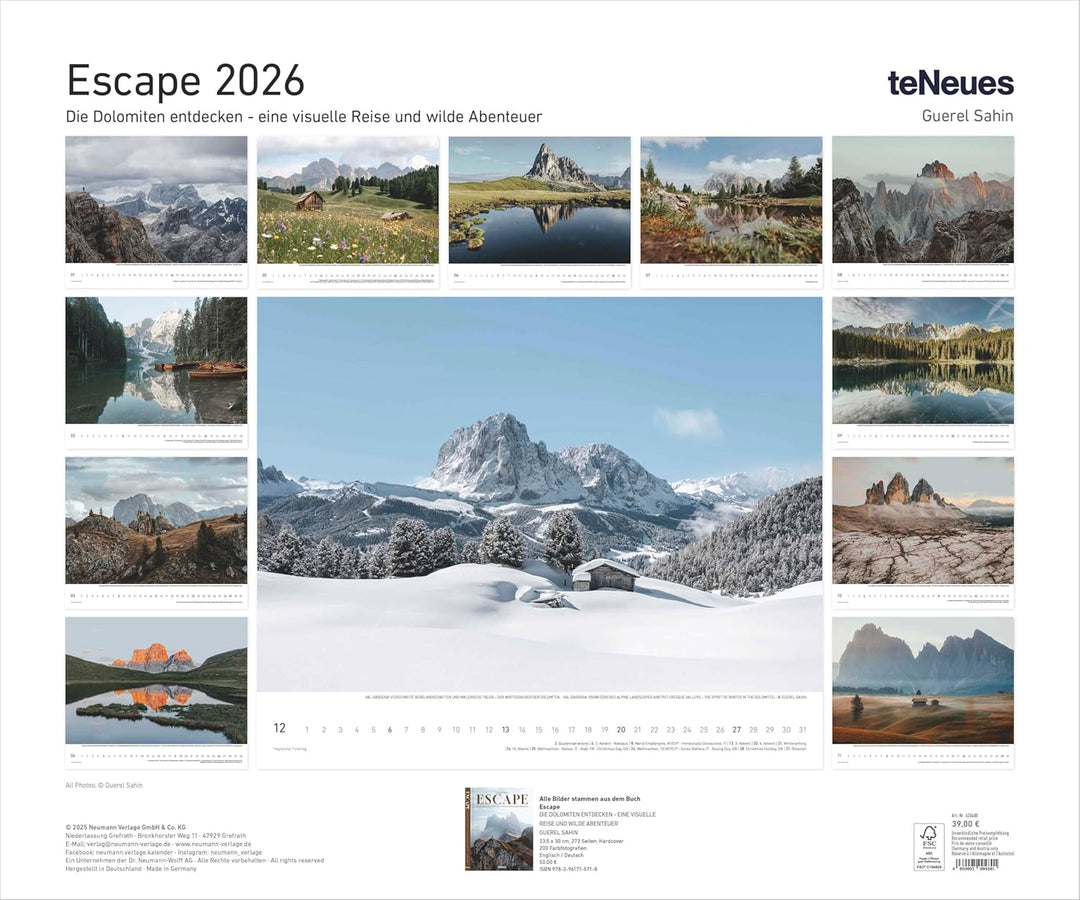 teNeues - Escape – Die Dolomiten entdecken 2026 | Grossformatiger Wandkalender 60x50 cm mit Fotograf