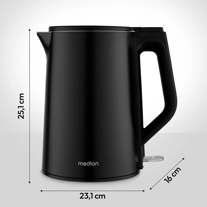MEDION Wasserkocher Edelstahl (1,5 Liter, 2.200 Watt, 360° Basis, Warmhaltefunktion, LED Betriebsanz