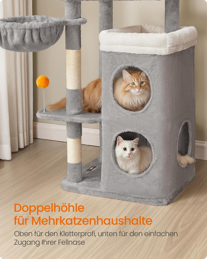 Feandrea Kratzbaum, 152 cm hoch, mehrstöckiger Katzenbaum mit 2 grossen Höhlen, 1 Liegemulde, 3 Krat