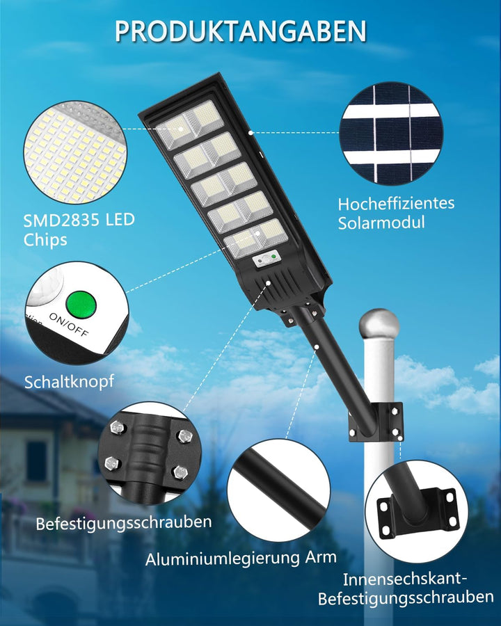 500W Solar Strassenlaterne, 6500K LED Strahler mit Bewegungsmelder Sensor, 4 Stück Solarlampen Stras