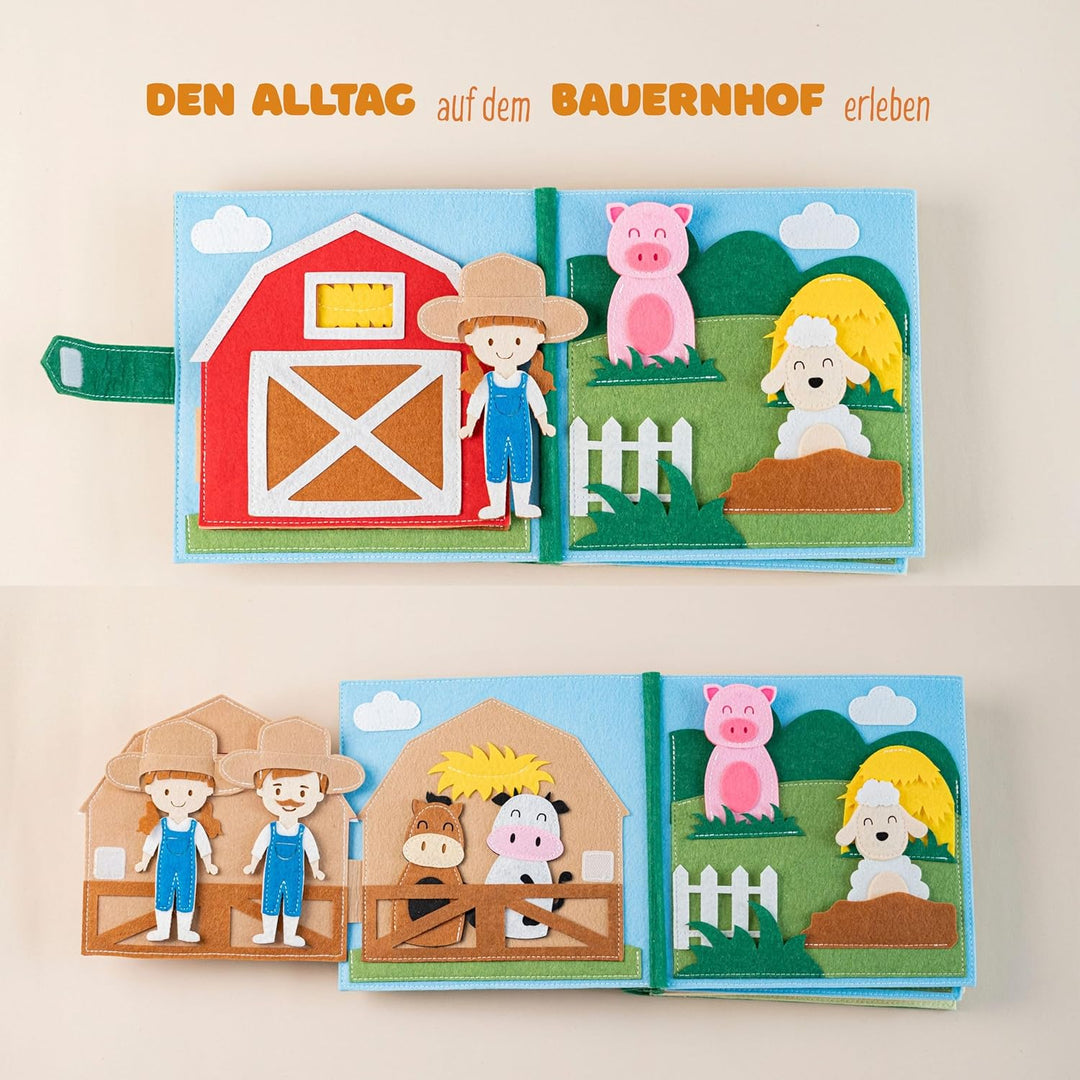 Quiet Book Bauernhof (2 Figuren) – Handgefertigtes Filz-Aktivitätsbuch mit Tier-Fingerpuppen & Trakt