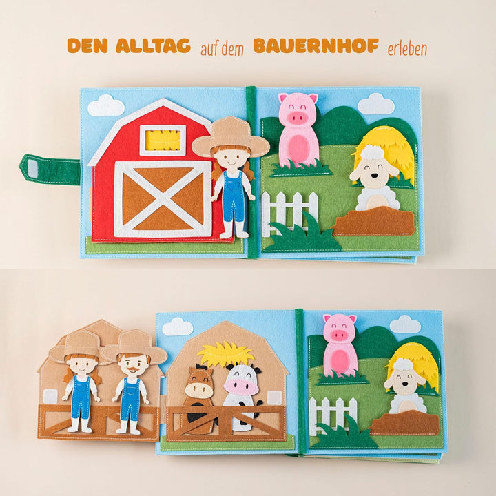 Quiet Book Bauernhof (2 Figuren) – Handgefertigtes Filz-Aktivitätsbuch mit Tier-Fingerpuppen & Trakt