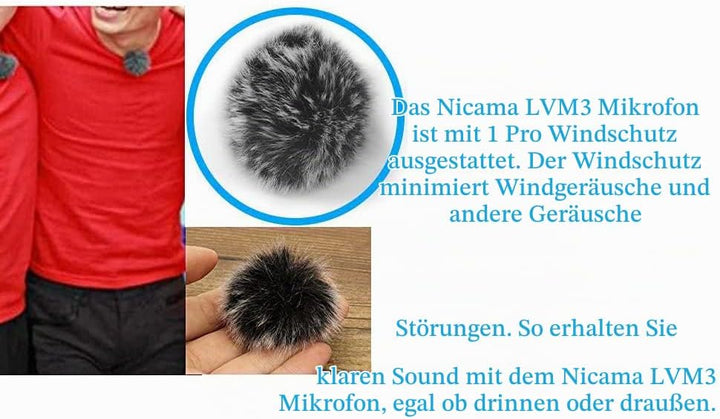 Nicama LVM3 Lavalier Mikrofon mit Windschutzscheibe, Kondensator Freisprech Ansteck Revers Mikrofon