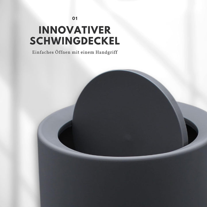 Nell 8L Mülleimer Bad Grau Matt mit Schwingdeckel – Perfekt als eleganter Kosmetikeimer, Ideal auch
