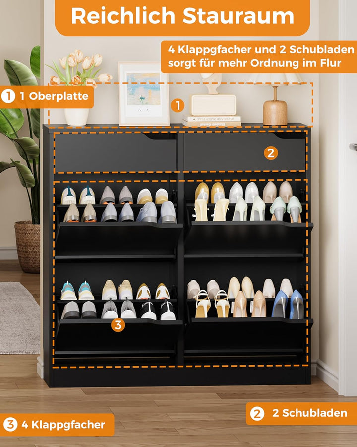 IRONCK Schuhschrank mit 4 Klappen, Schuhkipper Schmal mit 2 Schubladen, freistehendes Schuhregal, Sc