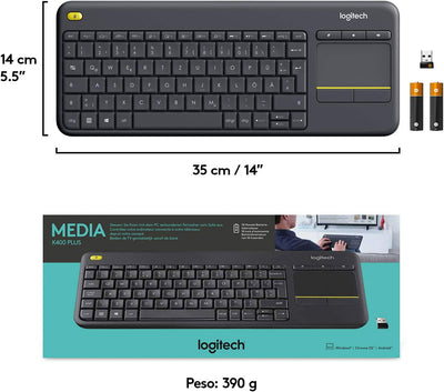 Logitech K400 Plus Kabellose Touch-TV-Tastatur mit integriertem Touchpad, Spanisches QWERTY-Layout -