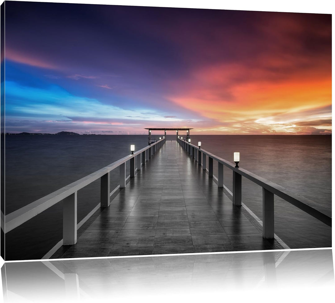 Pixxprint Moderner Holzsteg ins Meer als Leinwandbild/Grösse: 100x70 cm/Wandbild/Kunstdruck/fertig b